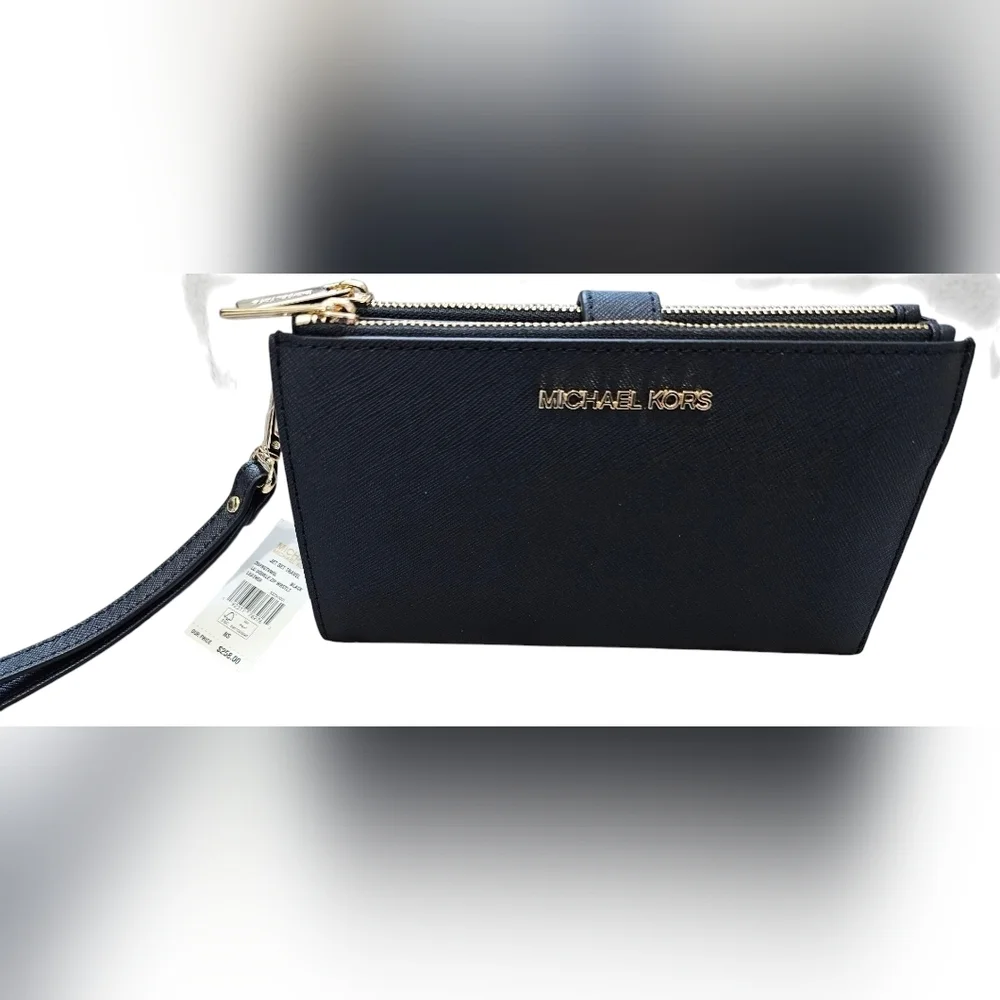 Michael Kors Black Jet Set Travel, LG Double Zip Wristlet Leather, New With Tags